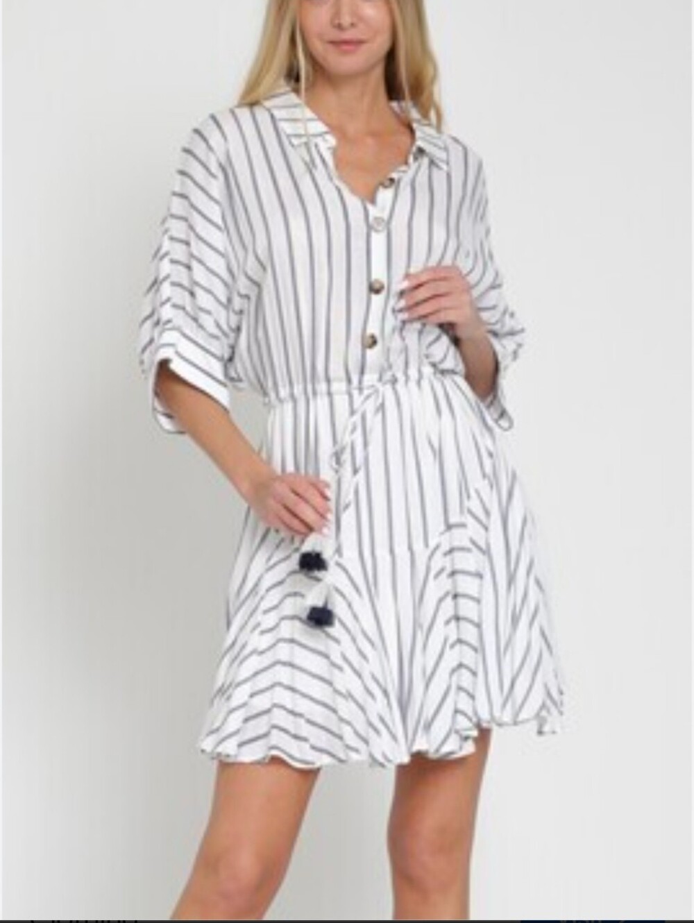 Aakaa adorable mini Dress in white with Blue Stripes & Tassel Tie size S NWOT